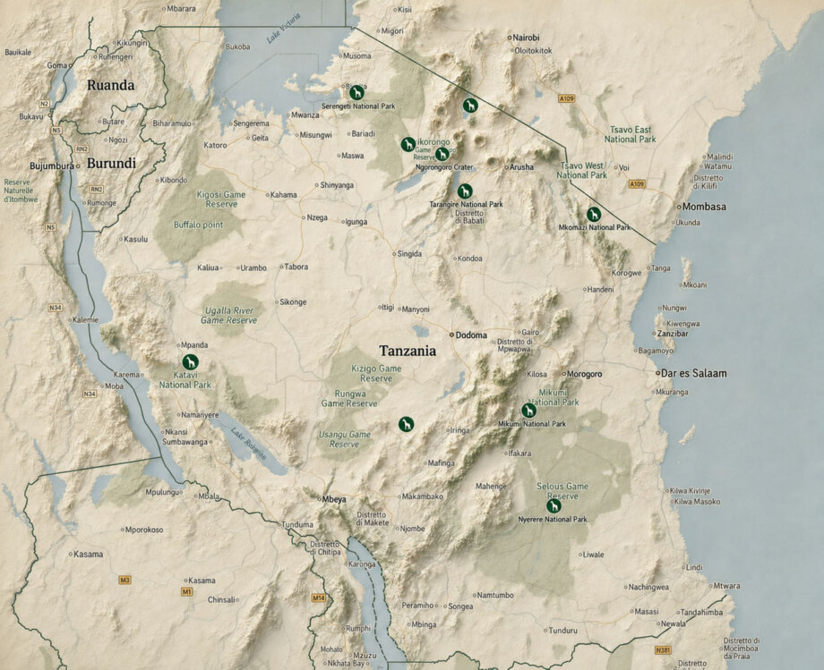 Map of Tanzania showing national parks available for bespoke and tailor-made photographic safaris