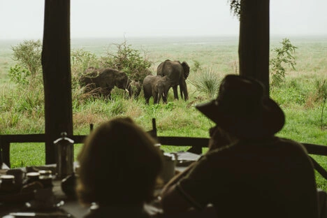 Safari guests watching elephants from Katavi Wildlife Camp during a photographic safari in Tanzania